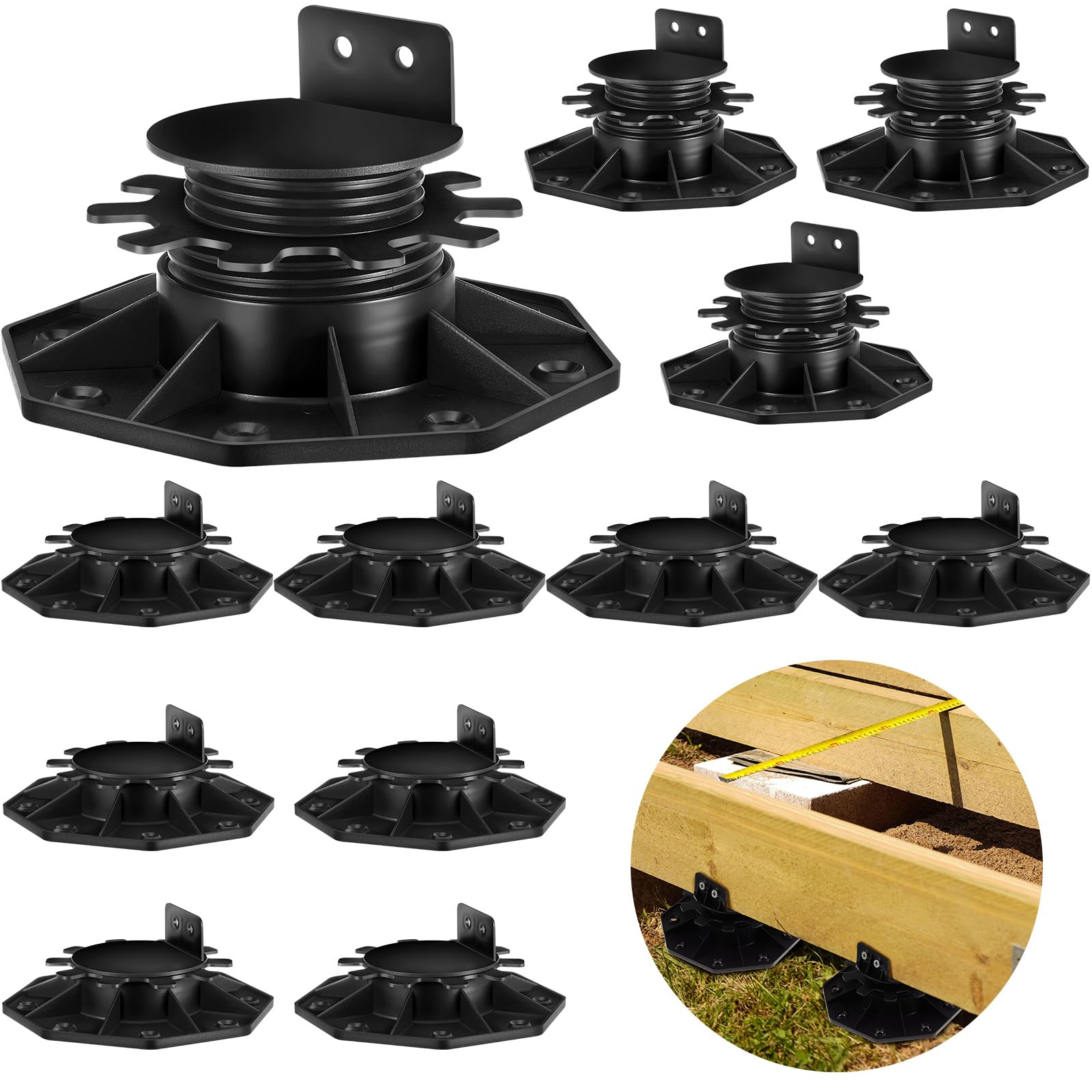 Photo 1 of MorningRo 12 Pcs Adjustable Deck Support Pedestals Deck Foundation Base Support Adjustable Deck Support Floating Deck Kit Floating Deck Kit with Screws, Adjustment Raising from 1-3/16" to 2-3/8"