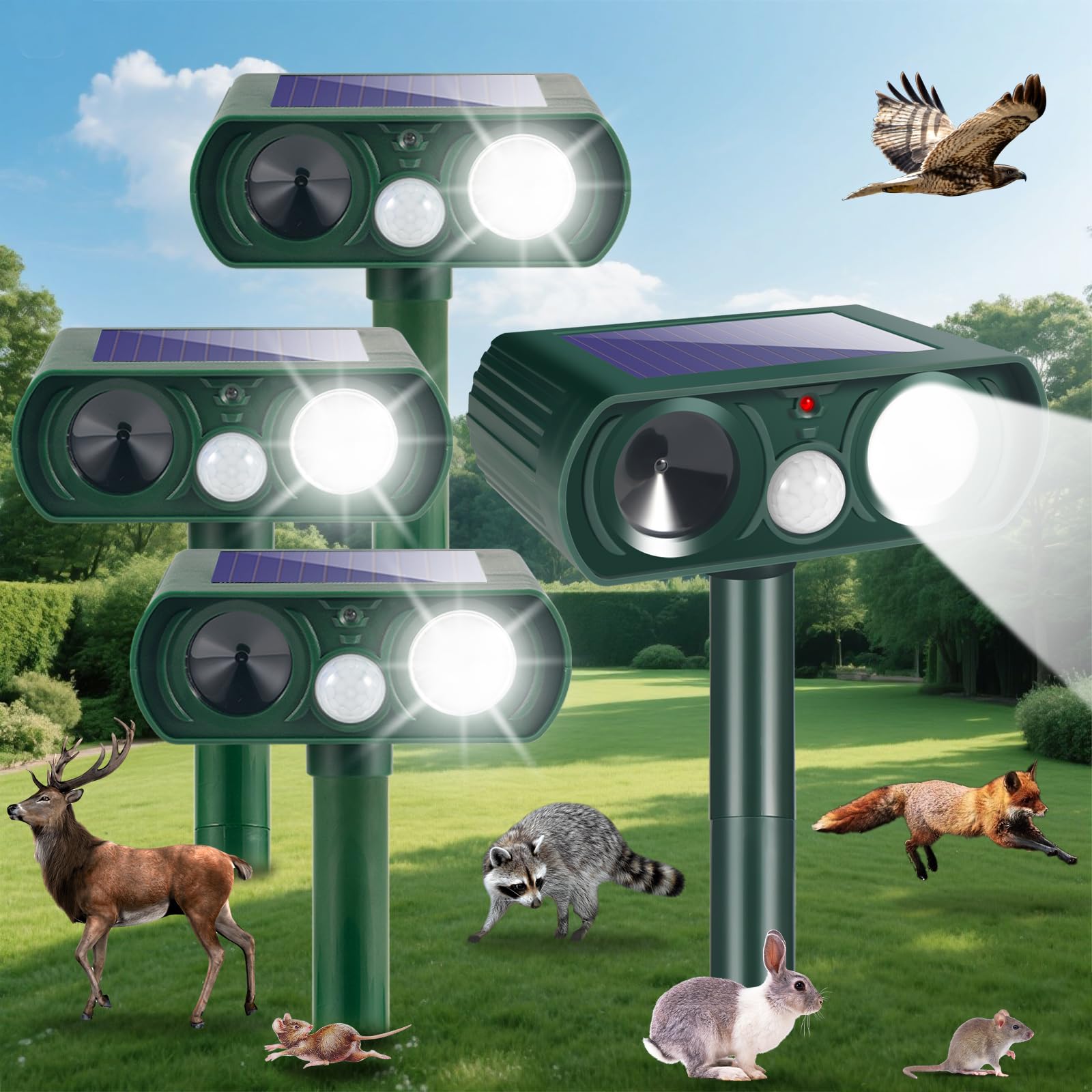 Photo 1 of Solar Ultrasonic Animal Repeller Outdoor Cat Repellent Sonic Fortress Pro Deer Repellent with Motion Sensor & Strobe Light,Animal Deterrent Devices for Squirrel Racoon Skunk Rabbit Garden Yard, 4 Pack