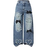 BEAUDRM Girl's Heart Patched Baggy Jeans Y2k Bow High Waisted Straight Leg Denim Pants Streetwear