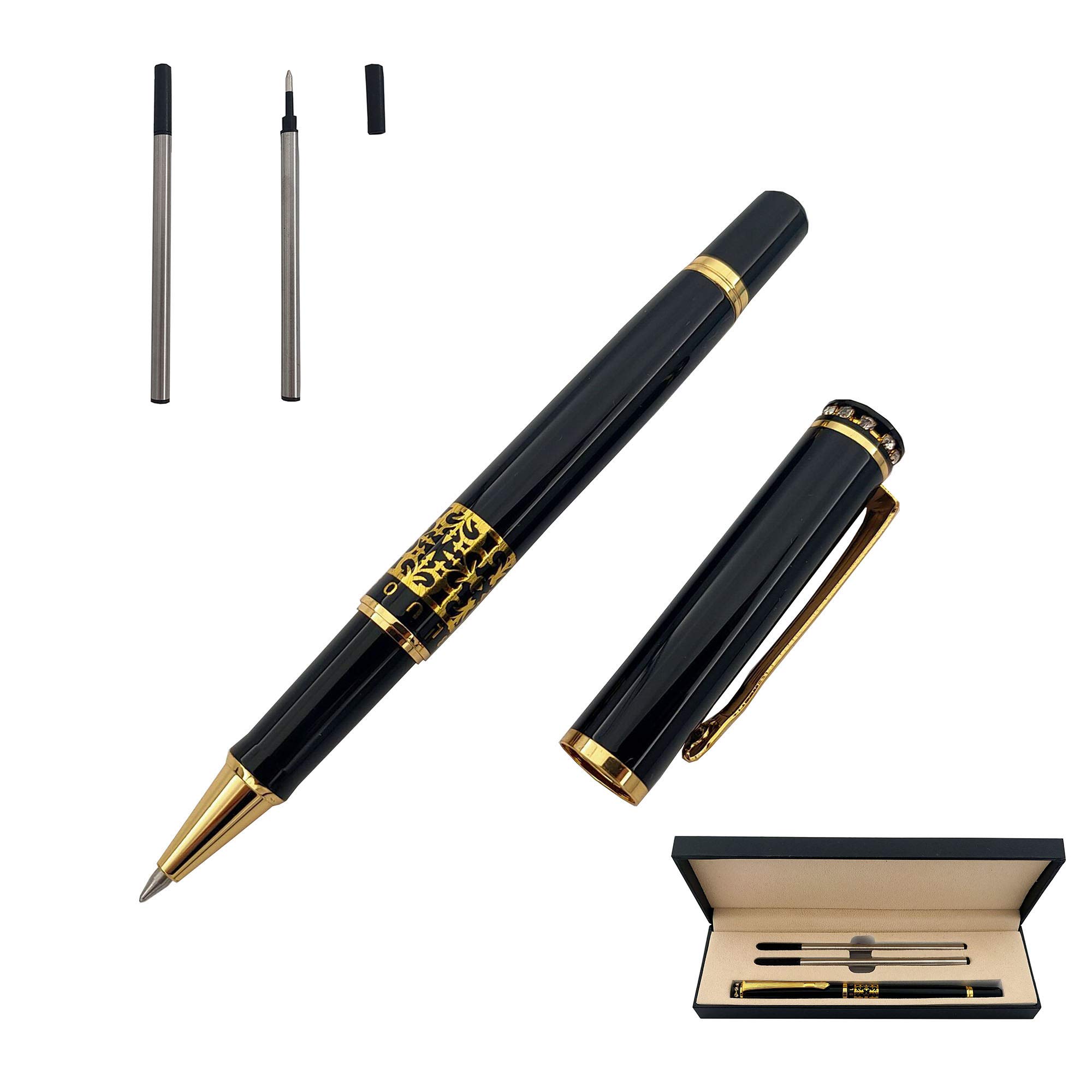 Accod Rollerball Pen Signature Pen Black Ink with Two 0.5mm Black Refills Business Office Pen Gift Box for Birthday, Business and Party Fine Point(Black)