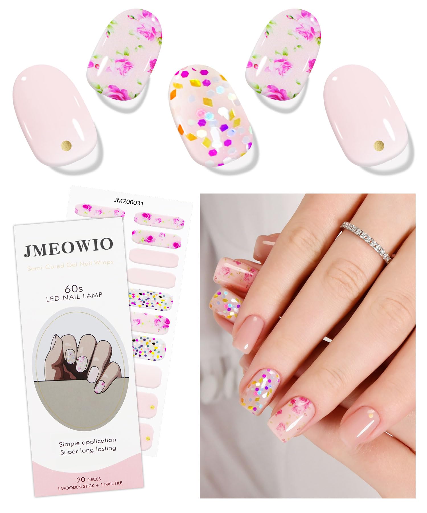JMEOWIO Gel Nail Stickers Glitter Pink Flower Semi Cured Gel Nail Strips Wraps UV/LED Nails Art Design Decoration Accessories