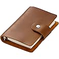 AxeWoodz A8 Genuine Leather Journal, Brown Handmade Leather Cover Pocket Size Binder Planner, Mini Vintage Leather Planner, 96 Sheets Inner Pages, Loose Leaf 5-Ring with Snap Button Closure