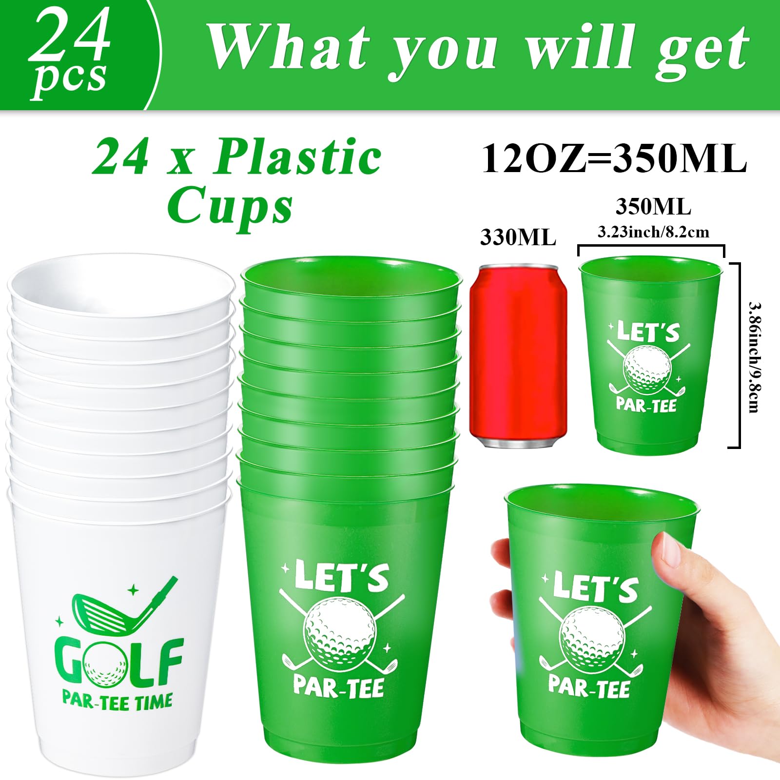 24 Pcs Golf Party Cups Let's Par-Tee Plastic Cups Reusable Plastic Tumblers Party Supplies Sports Golf Ball Plastic Drinking Cups 12oz Party Decoration for Kids Birthday Golf Lover Gifts School Favors