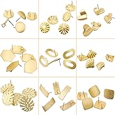 Hicarer 90 Pcs Gold Plated Earring Posts for Jewelry Making Earring Studs with Loop Hole Palm-Leaf Shaped Earring Finding Shell Heart Flower Track Ear Pad Base Posts for Women