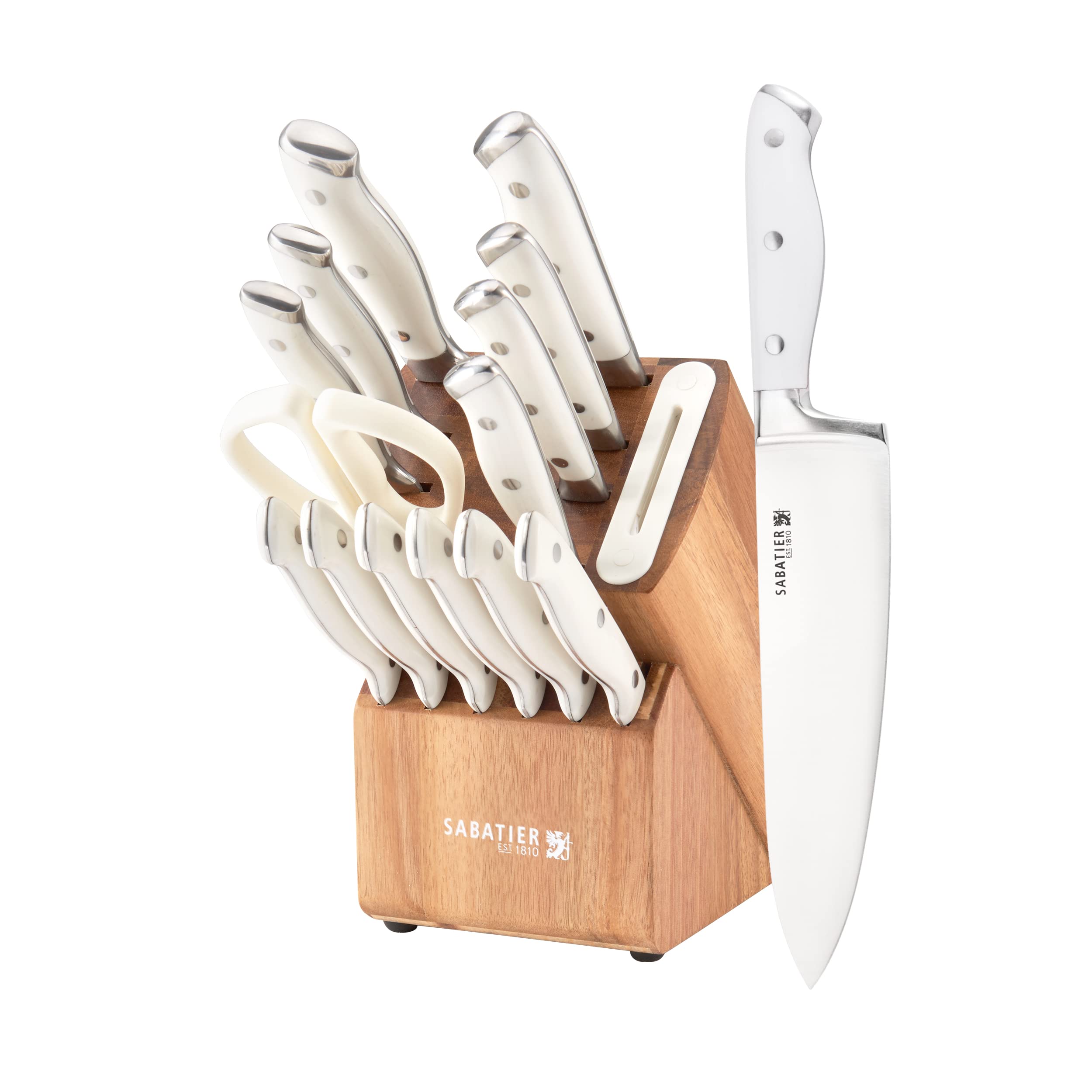 Photo 1 of Sabatier 15-Piece Forged Triple Rivet Knife Block Set with Built-in Sharpener, High-Carbon Stainless Steel Kitchen Knives, Razor-Sharp Knife set with Acacia Block and Edgekeeper Technology, White
