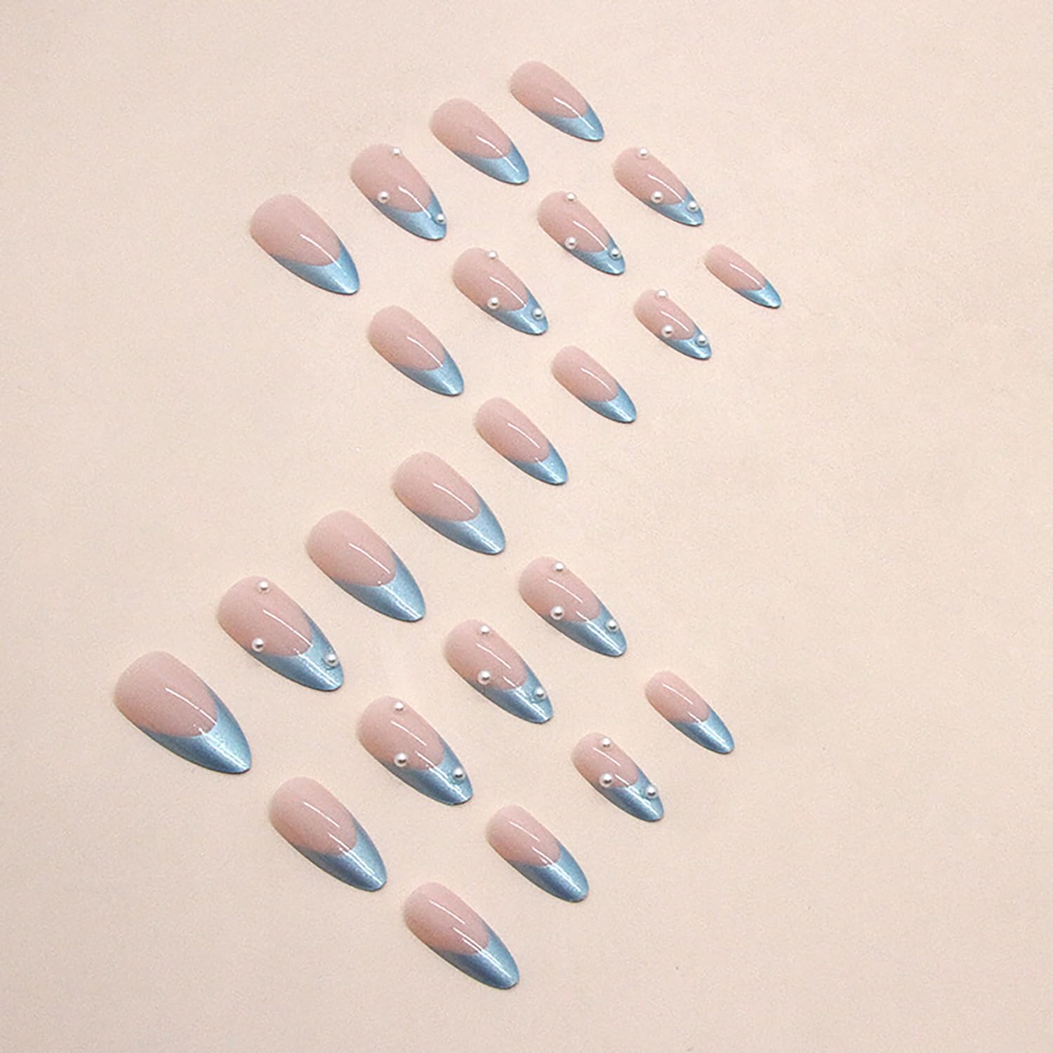 LOPMNGHT Blue French Tip Press on Nails Medium Almond Shaped False Nails Artificial Acrylic Nails Pearl Design French Fake Nails 24Pcs Full Cover Glossy Reusable Coffin Nails Glue on Nails for Women - Image 4