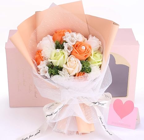 Amazon ソープフラワー 花束 母の日 バラ 誕生日人気ギフト 彼女 女性 造花 枯れない 石鹼花 り物 敬老の日 開店祝い 入学祝 メッセージカード付き 手提げ付き オレンジ 造花 オンライン通販