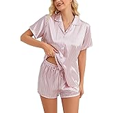 DingCo Women's Satin Pajamas Set - Soft Button-Up Top with Pinstripes and Drawstring Silky Shorts, Satin Classic Loungewear
