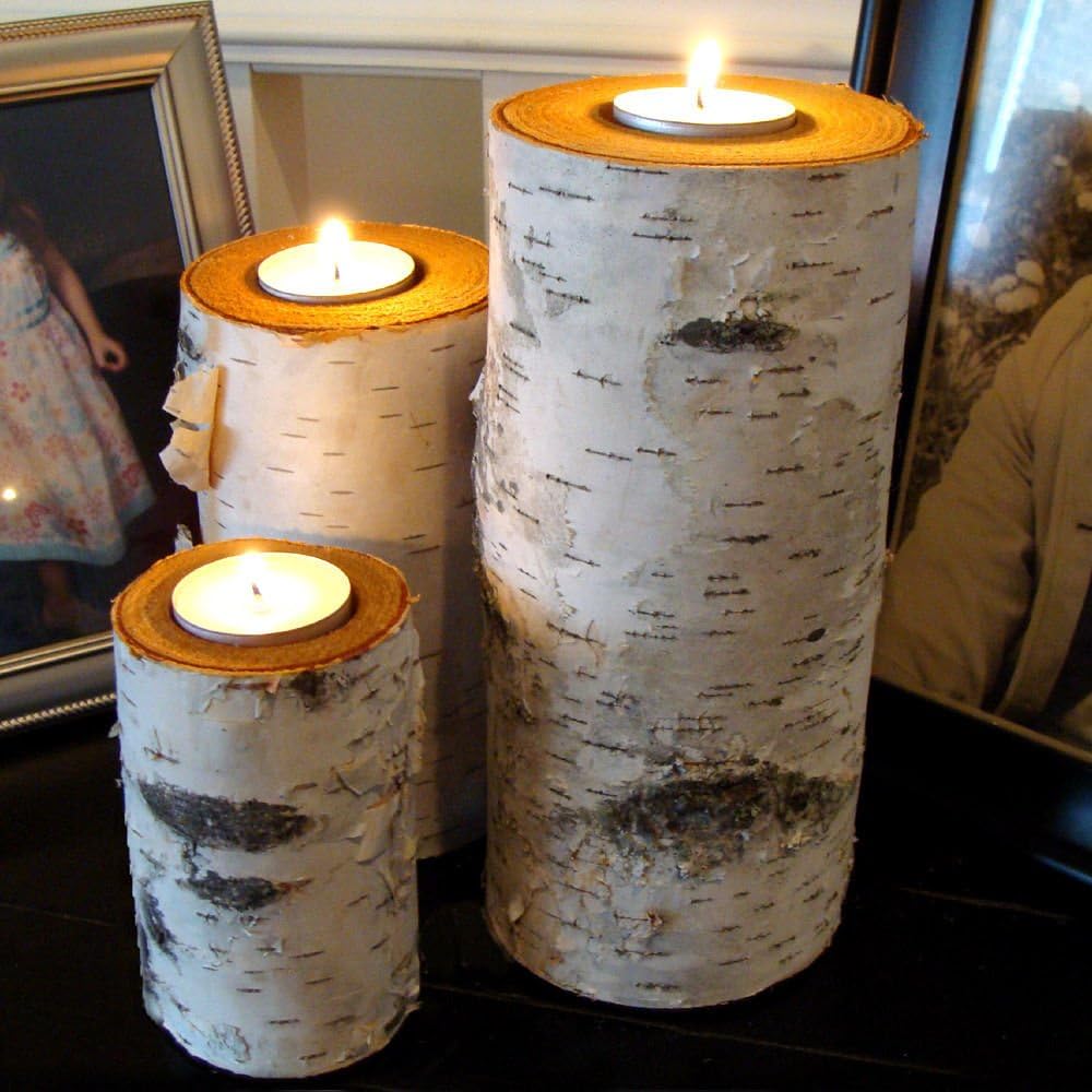 Real Birch Log Tea-Light Candleholder Set (3) (Candles Included) Clear Sealed Tops to Protect The Wood & Felt Covered Bottom to Protect Your Furniture.: Kitchen & Dining