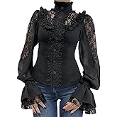 Insdark Vintage Top T Shirt Women Sheer Mesh Lace Mock Neck Goth Renaissance Punk Grunge Emo