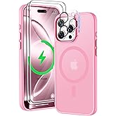 ORETECH Magnetic for iPhone 16 Pro Case, [Compatible with MagSafe][2 Pcs Screen Protectors + Camera Lens Protector][15 FT Drop Protection]Frosted Translucent Back, Shockproof, Anti-Scratch, Light Pink