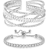 Wovanoo Rhinestone Cuff Bracelet for Women 2Pieces MultiLayer Rhinestone Bracelet Sparkling Crystal Bridal Bracelet for Party Prom Wedding