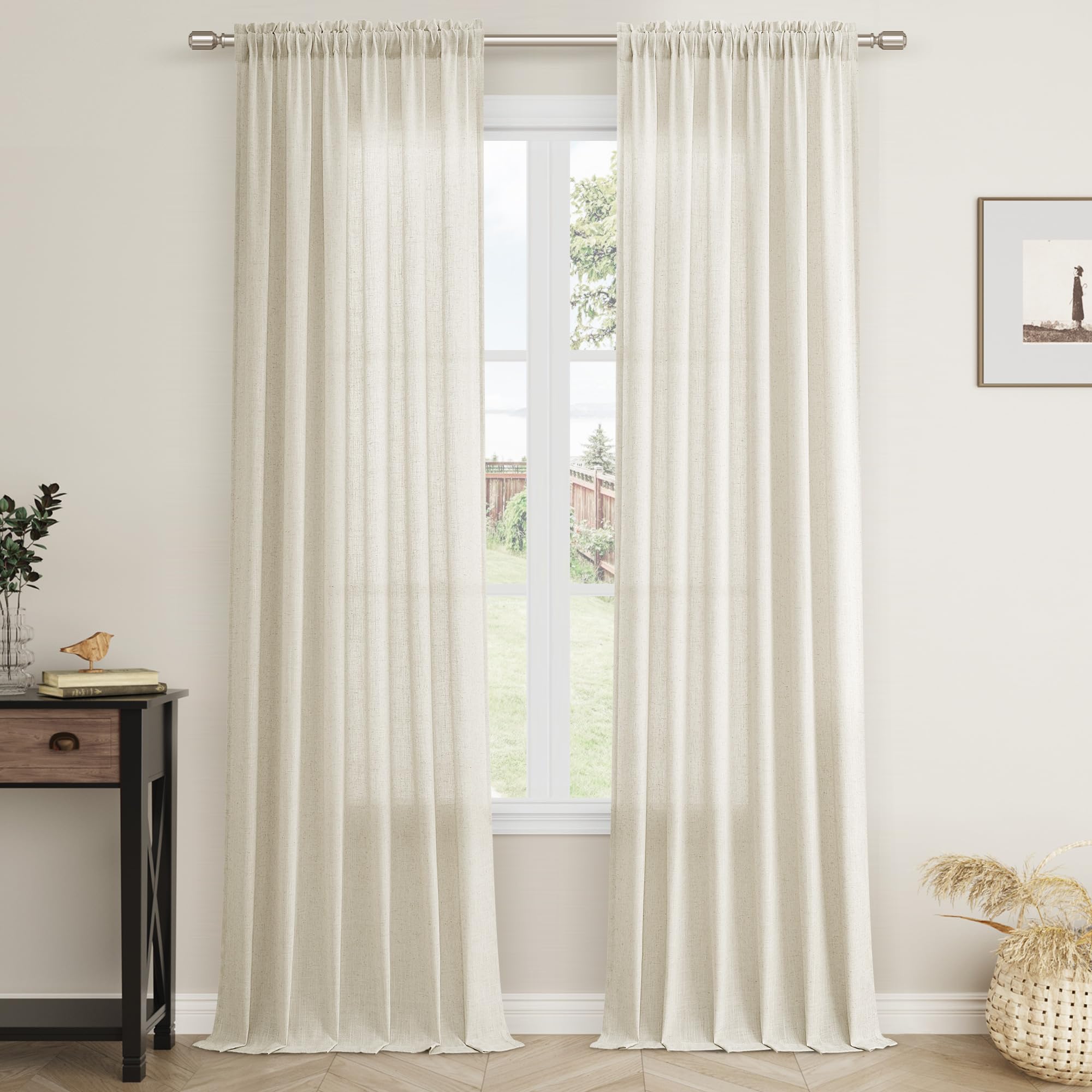 Photo 1 of Aersas Natural Linen Sheer Curtains 90 Inches Long for Living Room 2 Panels Rod Pocket Breathable Lightweight Flowing Semi Sheer Curtain for Bedroom Sunroom Retro Cottagecore Home Decor 52x90 Beige