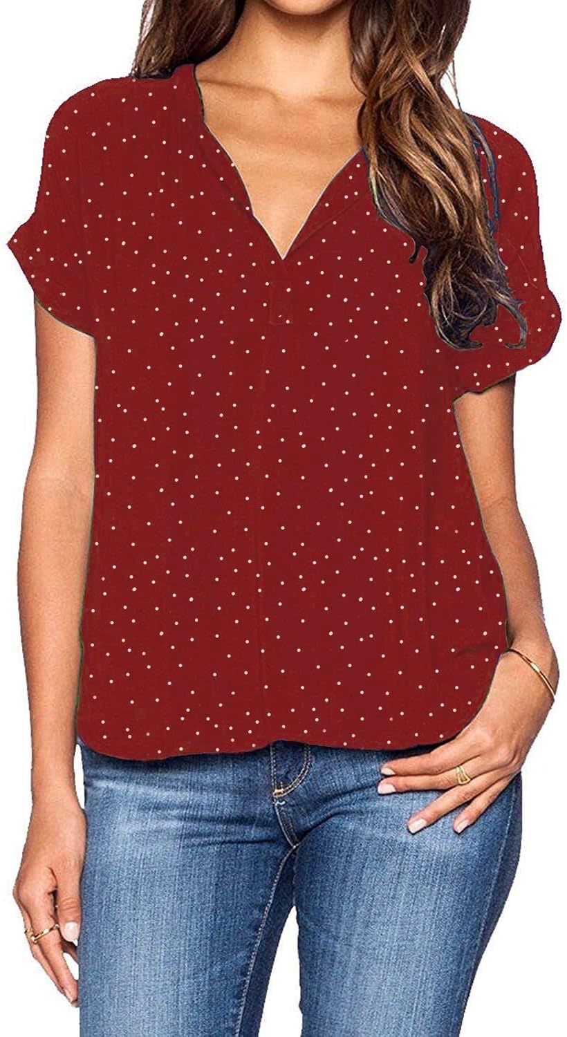 Grace Elbe Women's Casual Polka Dot Blouse Short Cuffed Sleeve Top Shirt Red L