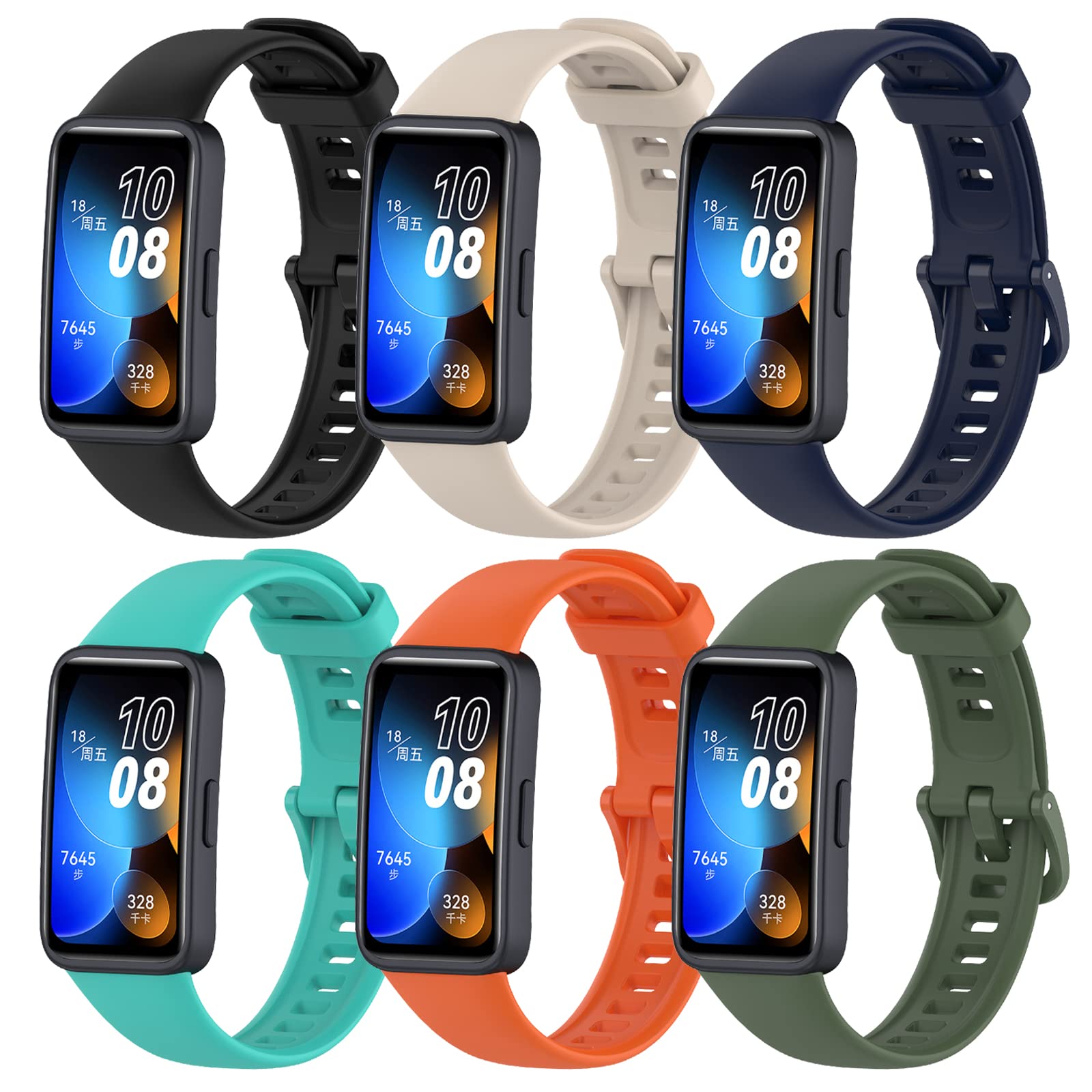 CHULN 6 Pieces Compatible with Huawei Band 8/9, Adjustable Silicone Replacement Straps Sport Strap