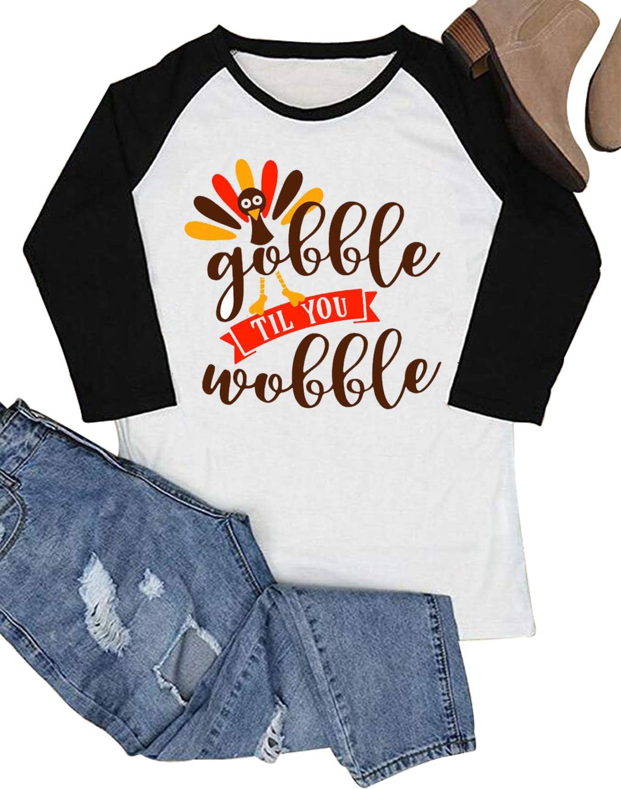 Gobble Til You Wobble Funny Thanksgiving Shirt Women 3/4 Sleeve Raglan T-Shirt Turkey Top