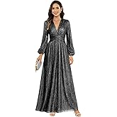 Djqpi Women's V Neck A-Line Formal Wedding Guest Dresses Long Lantern Sleeves Floor Length Glitter Evening Gowns