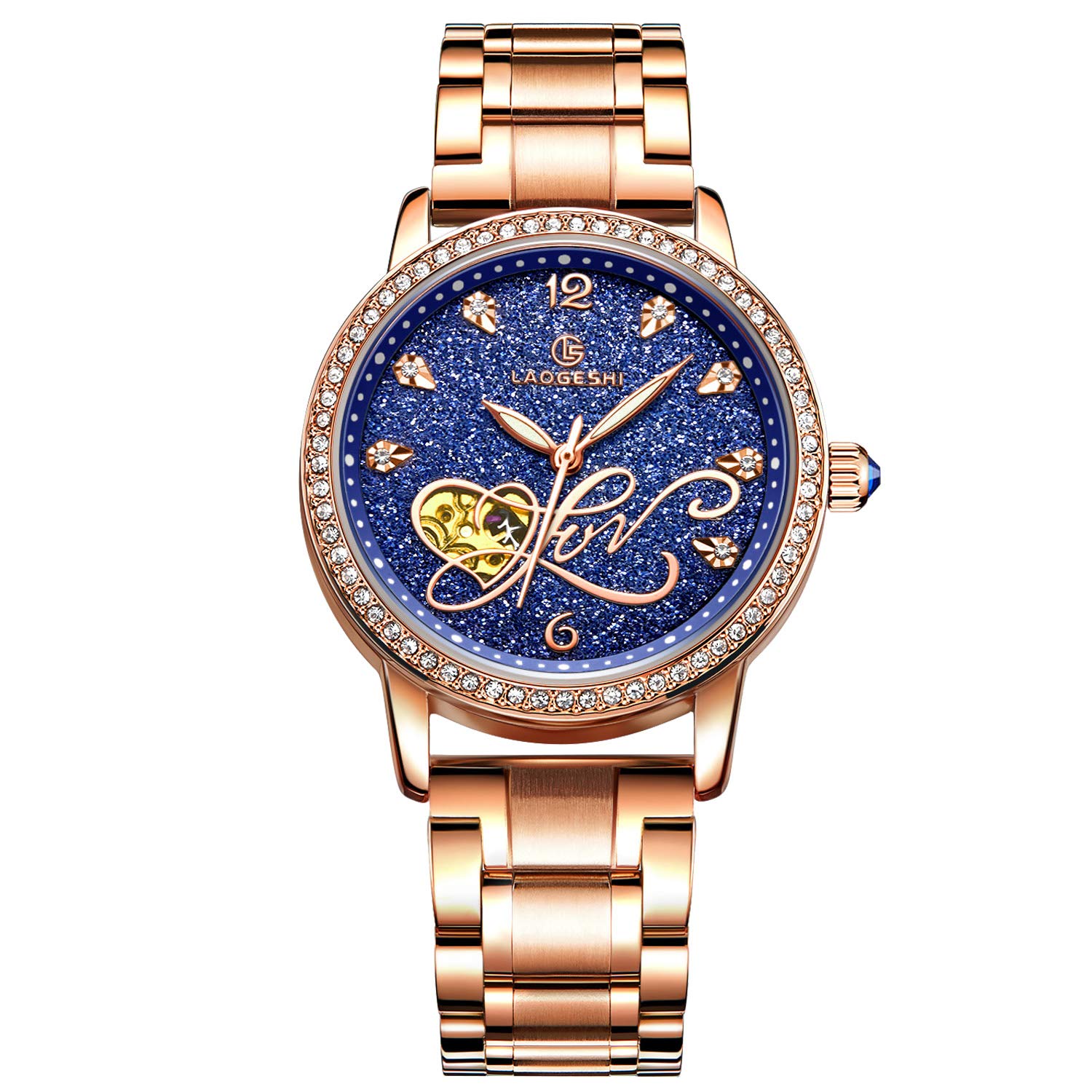 RORIOS Women Automatic Mechanical Watch Shining Starry Sky Luminous Simulated Diamond Dial Stainless Steel Strap Ladies Wristwatches
