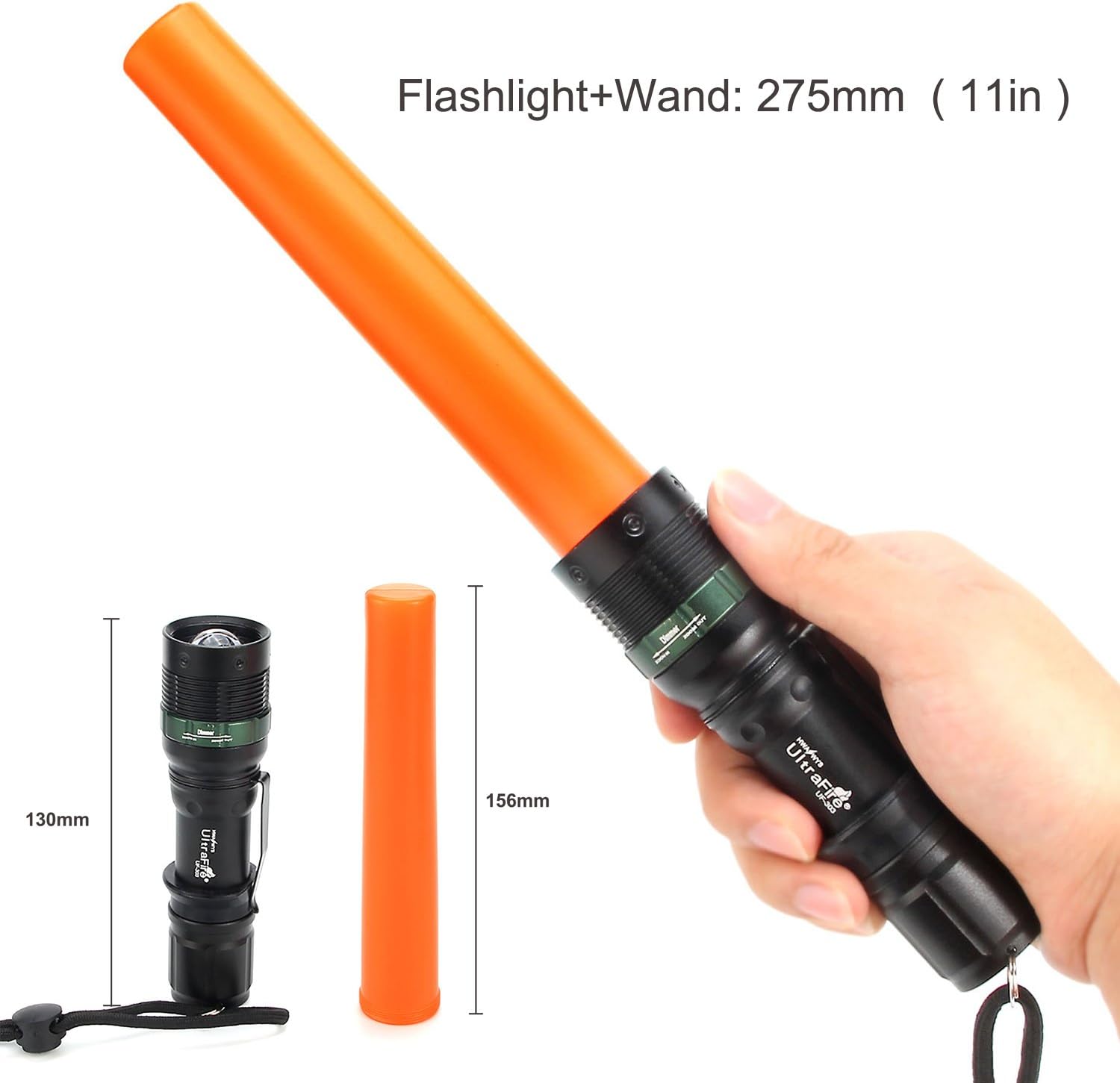 UltraFire 2pc 11-Inch Signal Traffic Wand Safty LED Flashlight 250 Lumen, Red Flashing Mode, Wrist Strap Lanyard, Side Clip, Orange Finish for Kids Outdoor Camping - - 