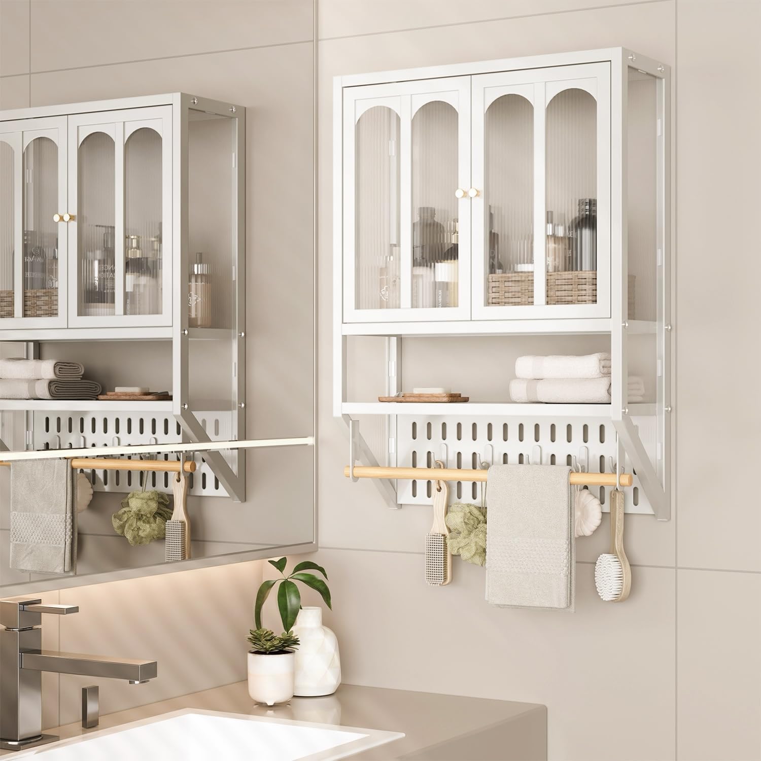 LURIVA Metal Bathroom Wall Cabinet with Towel Bar & Hooks, Medicine ...