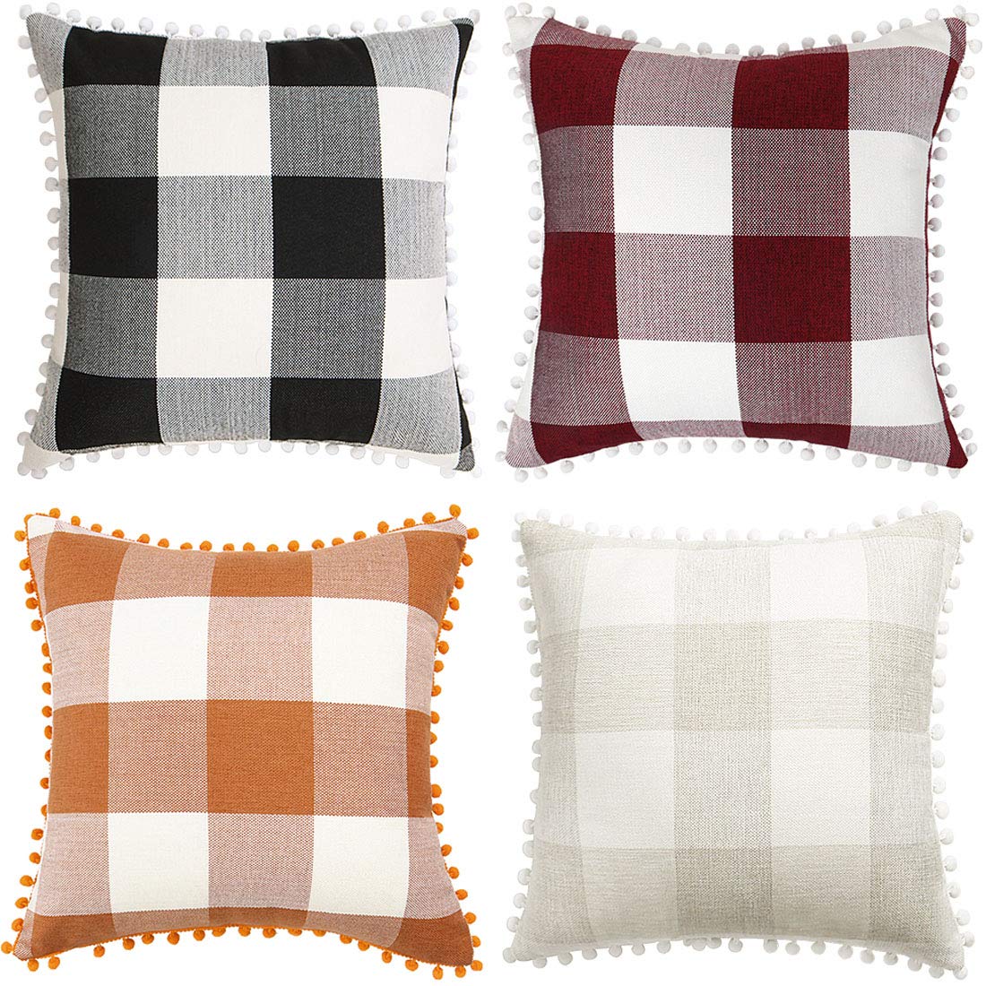 PiccoCasa 4 Pcs Buffalo Check Plaid Throw Pillow Cover with Pompoms, 45 x 45cm, Retro Checkers Decorative Cushion Cover for Sofa Couch Bed Home Decor, Multicolor
