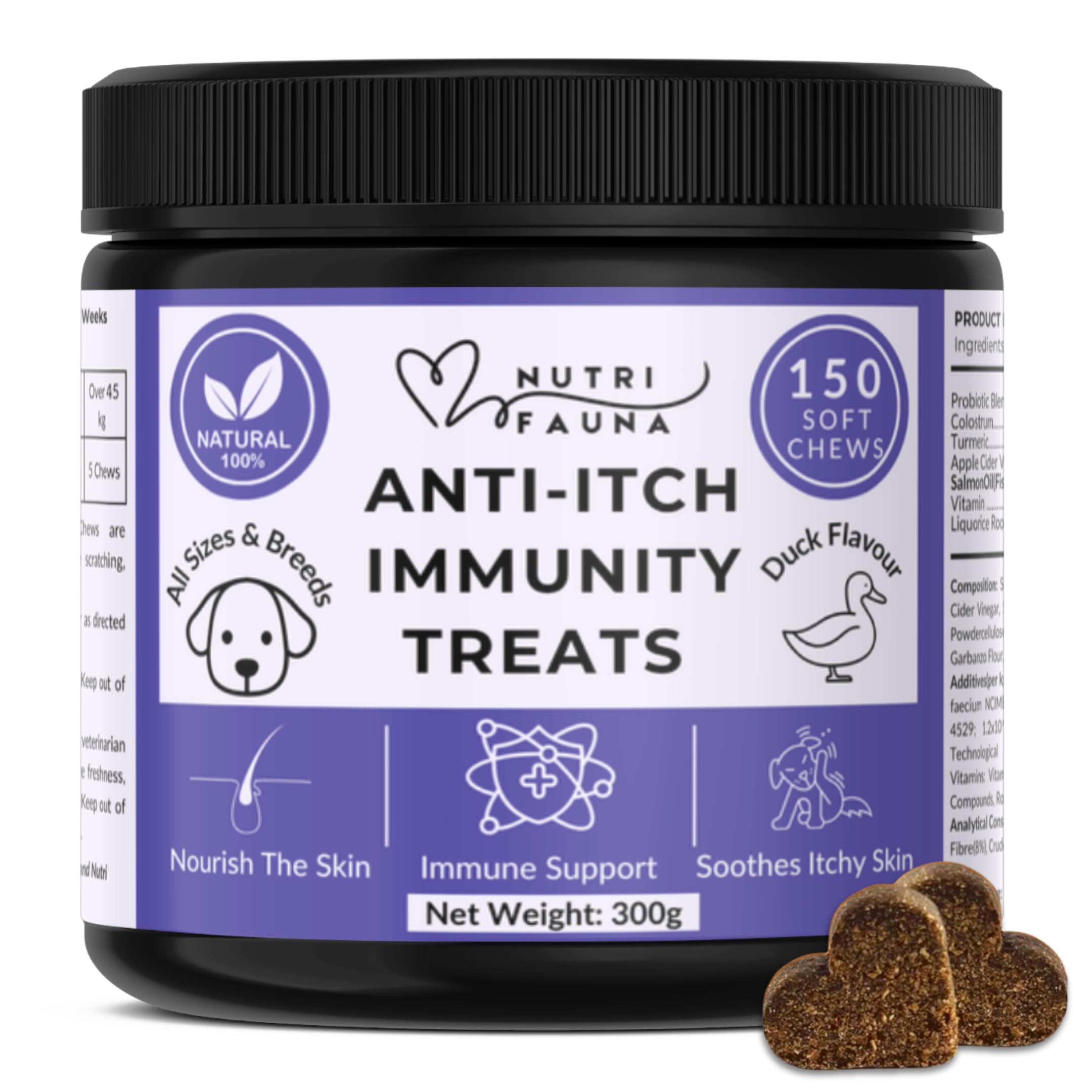 Nutri Fauna Anti-Itch Treats for Dogs – 150 Soft Chews – Skin & Immune Support – Soothes Itchy Paws, Eyes, Ears & Skin – Duck Flavour Natural Supplement for Dogs