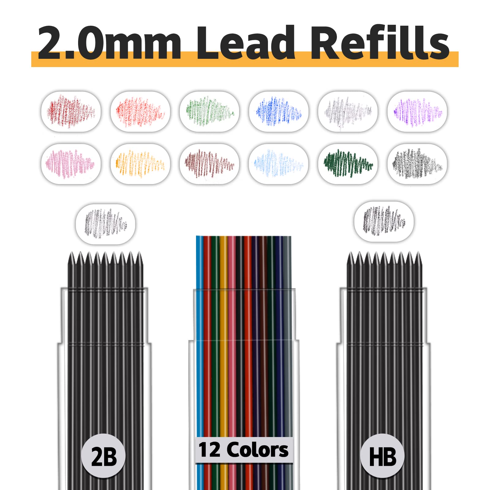 MyLifeUNIT 22 Pcs 2.0 mm Mechanical Pencils Set, 8 Pcs Lead Pencils with 10 Case Lead Refills 2B, HB Black & Colors, 2 Pcs Erasers and 2 Pcs Sharpeners for Drawing, Sketching and Drafting