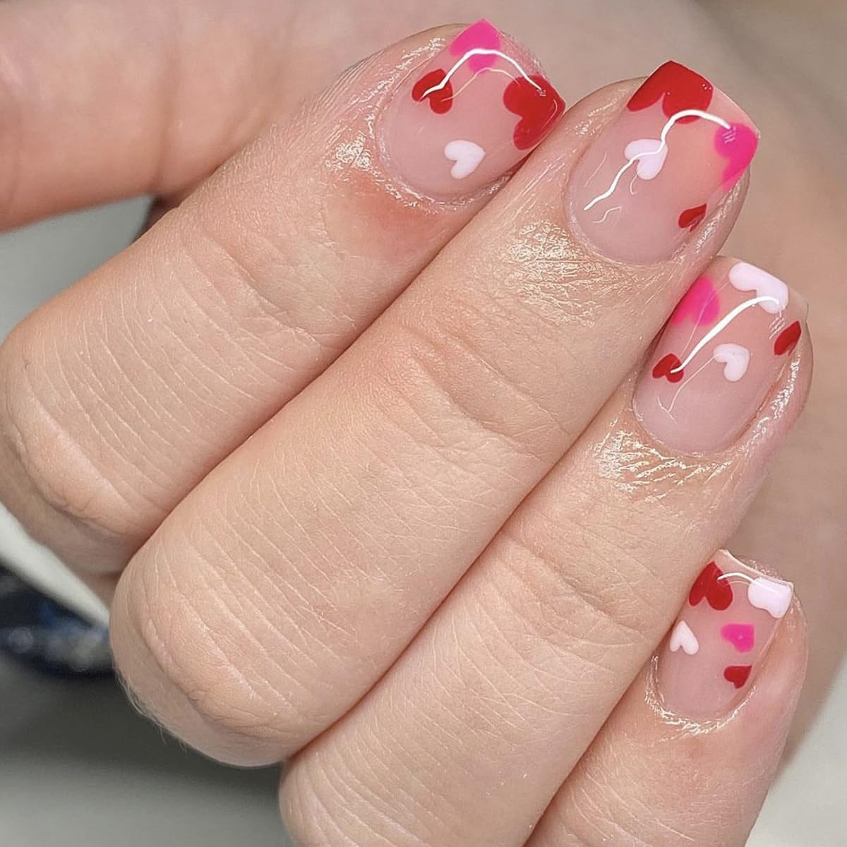 Valentine's Day Press on Nails Short Red Heart Square Fake Nails with Designs Full Cover False Nails Glossy Pink Acrylic Nails Cute Artificial Nails Extra Short Press on DIY Nail Decorations for Women