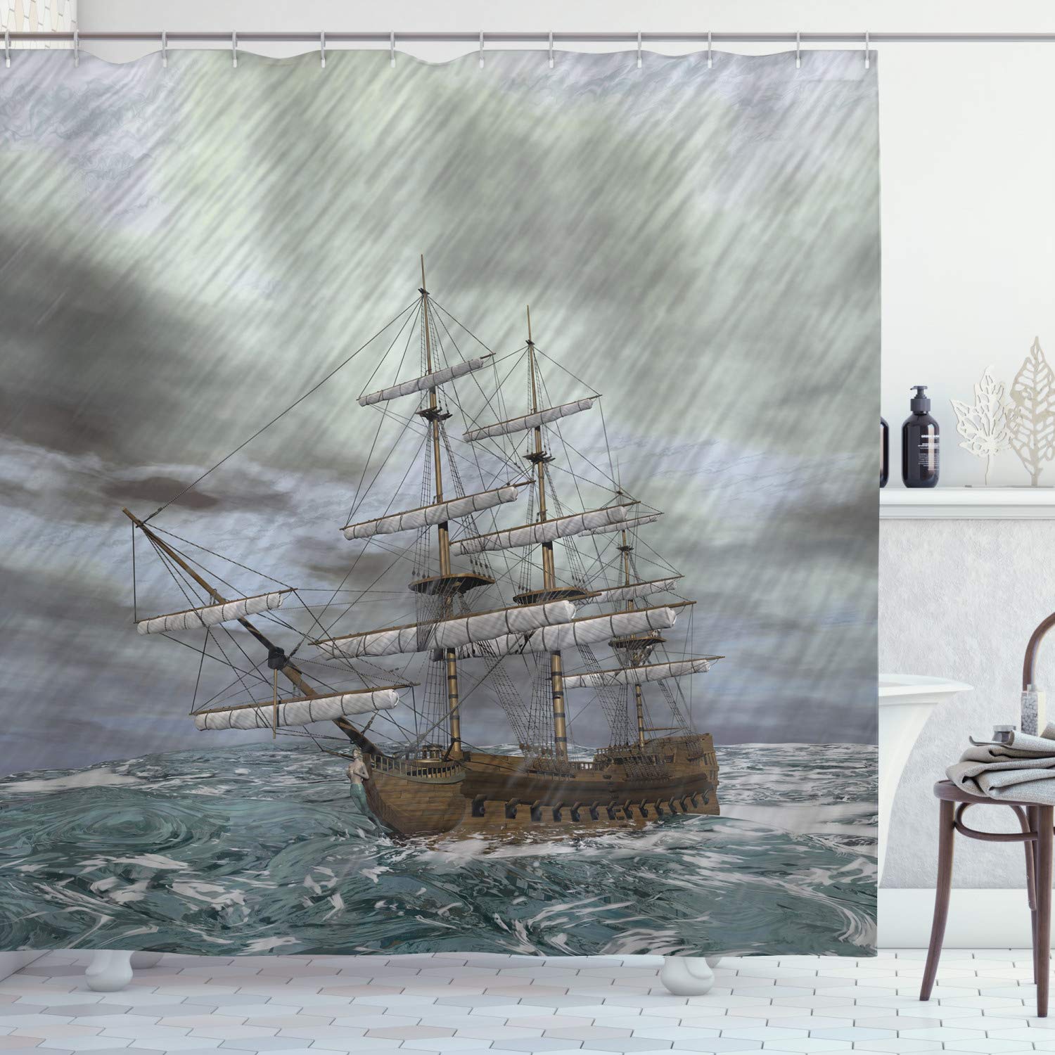 ABAKUHAUS Nautical Shower Curtain, Old Ship on the Ocean in Wave Rainy Stormy Weather Fantasy Illustration, Cloth Fabric Bathroom Decor Set with Hooks, 175 x 180 cm, Blue-Grey Umber Brown Grey