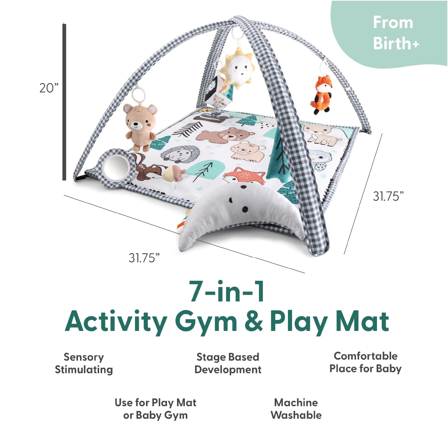 The Peanutshell Unisex Baby Play Gym & 7-in-1 Play Mat - Playmat Baby Toys 0-6, 6-12 Months Tummy Time Mat with Hanging Toys, Soft Padded for Newborns, Infants - Woodland