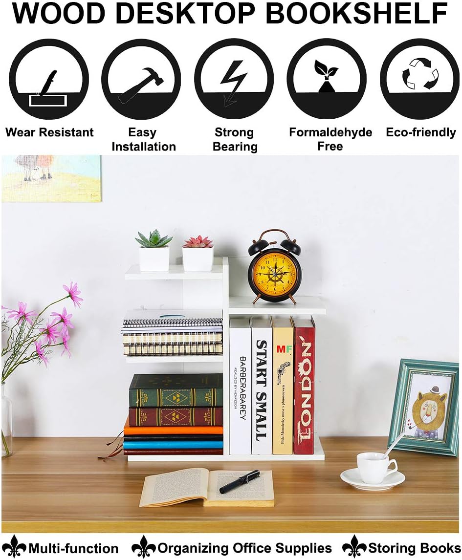 PAG Wood Desktop Shelf Small Bookshelf Assembled Countertop Bookcase Literature Holder Accessories Display Rack Office Supplies Desk Organizer, White: Furniture & Decor