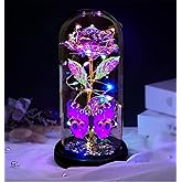 Valentines Day Rose Glass Flowers Gifts for Her, Galaxy Crystal Light Up Rose in A Glass Dome, Valentines Day Gifts for Mom Wife, Valentine Birthday Gifts for Women,Purple Butterfly
