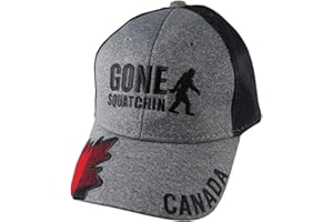 Gone Squatchin Sasquatch Bigfoot Canada Embroidery and Buffalo Check Plaid on Adjustable Heather Grey and Black Trucker Style