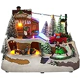 MerryPulse Christmas Village Houses, Festival Scene Colourful Lights Rotating Carriage and Santa Claus Decorations with 8 Musical for Xmas Home Table Displays