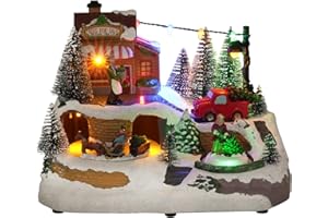 MerryPulse Christmas Village Houses, Festival Scene Colourful Lights Rotating Carriage and Santa Claus Decorations with 8 Musical for Xmas Home Table Displays