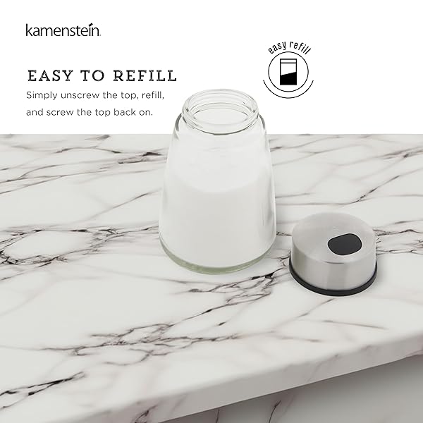 KAMENSTEIN SALT AND PEPPER FILLED GLASS SHAKERS WITH ROTATING SHIFTERS. FEATURES SWIVEL TOP WITH 4 SETTINGS- LIGHT SEASONING, HEAVY SEASONING, POUR, CLOSE, SET OF 2