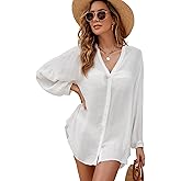 Breezy Lane V Neck Button Down Shirt Coverup for Women Long Sleeve Beach Cover Up for Summer Vacation Outfits