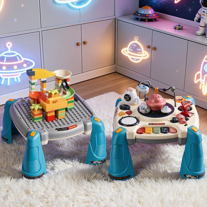 Tavolo Attività Giocattoli per Bambini 12 Giochi, con Modalità Pianoforte e Pulsante Percussioni, Scrivania per Attività a Forma di Astronave con Oltre 60 Sorgenti Sonore, Regalo di Compleanno
