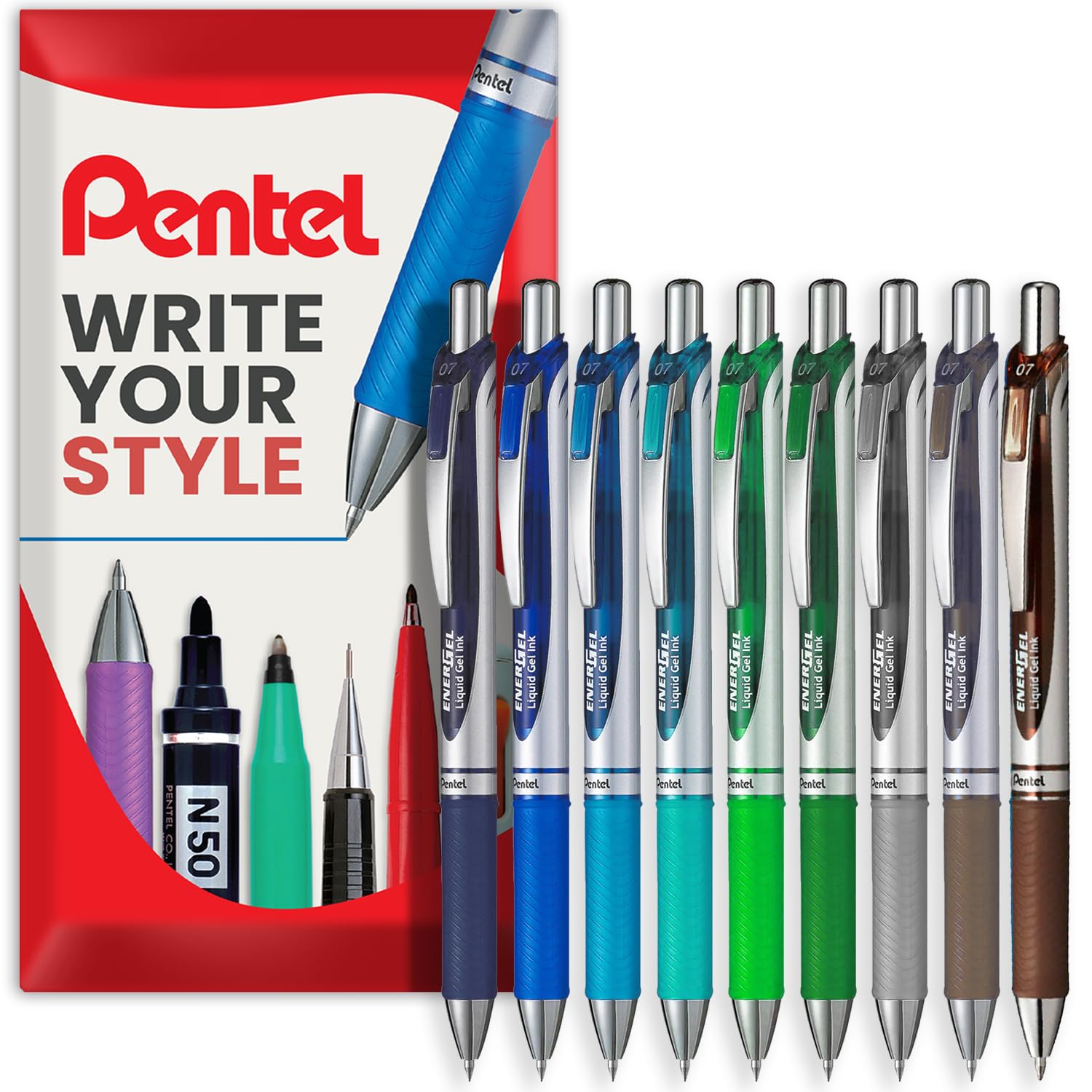 Pentel EnerGel XM BL77 - Retractable Liquid Gel Ink Pen - 0.7mm - 54% Recycled - Cool Tones - Pack of 9 - In Envelope Gift Packaging