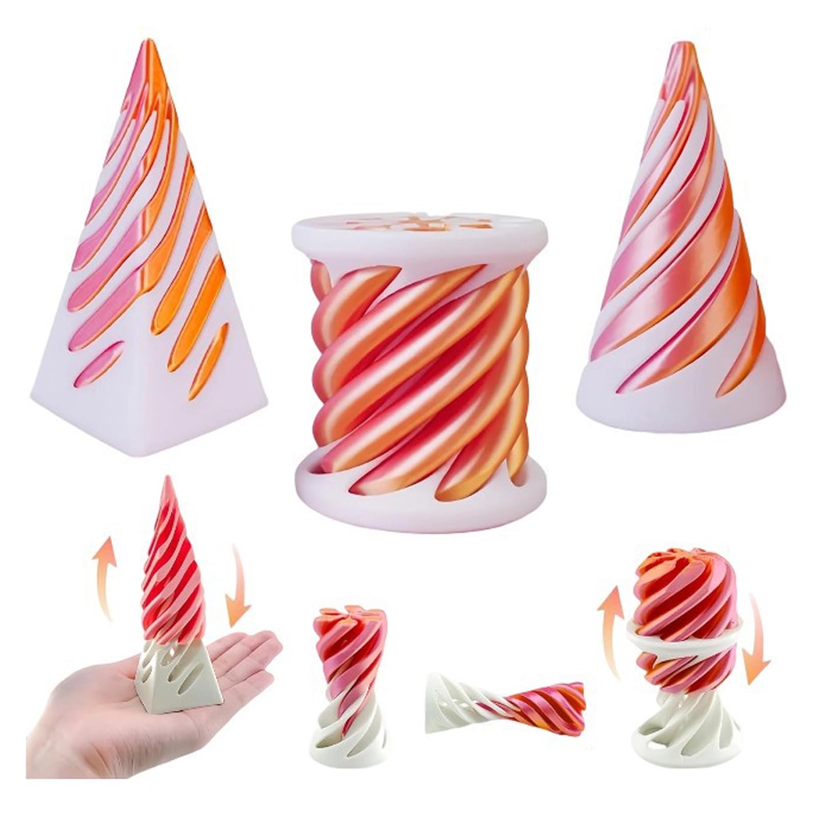 3D Printed Impossible Cone Fidget Toys Set, 3PCS Spiral Cone, Pyramid and Cylinder Passthrough Sculpture, Vortex Illusion Stress Relief Toys for Adults, Cool Desktop Decorations Gifts (Candy)