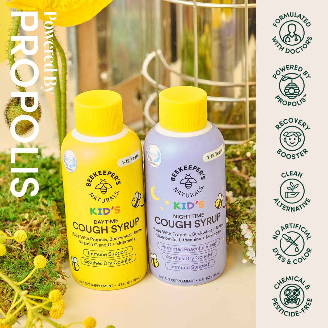 Beekeeper's Naturals Propolis Honey Cough Syrup Daytime for Kids Immune Support with Elderberry, Vitamin C, Vitamin D & Raw Honey - Throat Soothing - Gluten Free & Clean Ingredients, 4 oz.