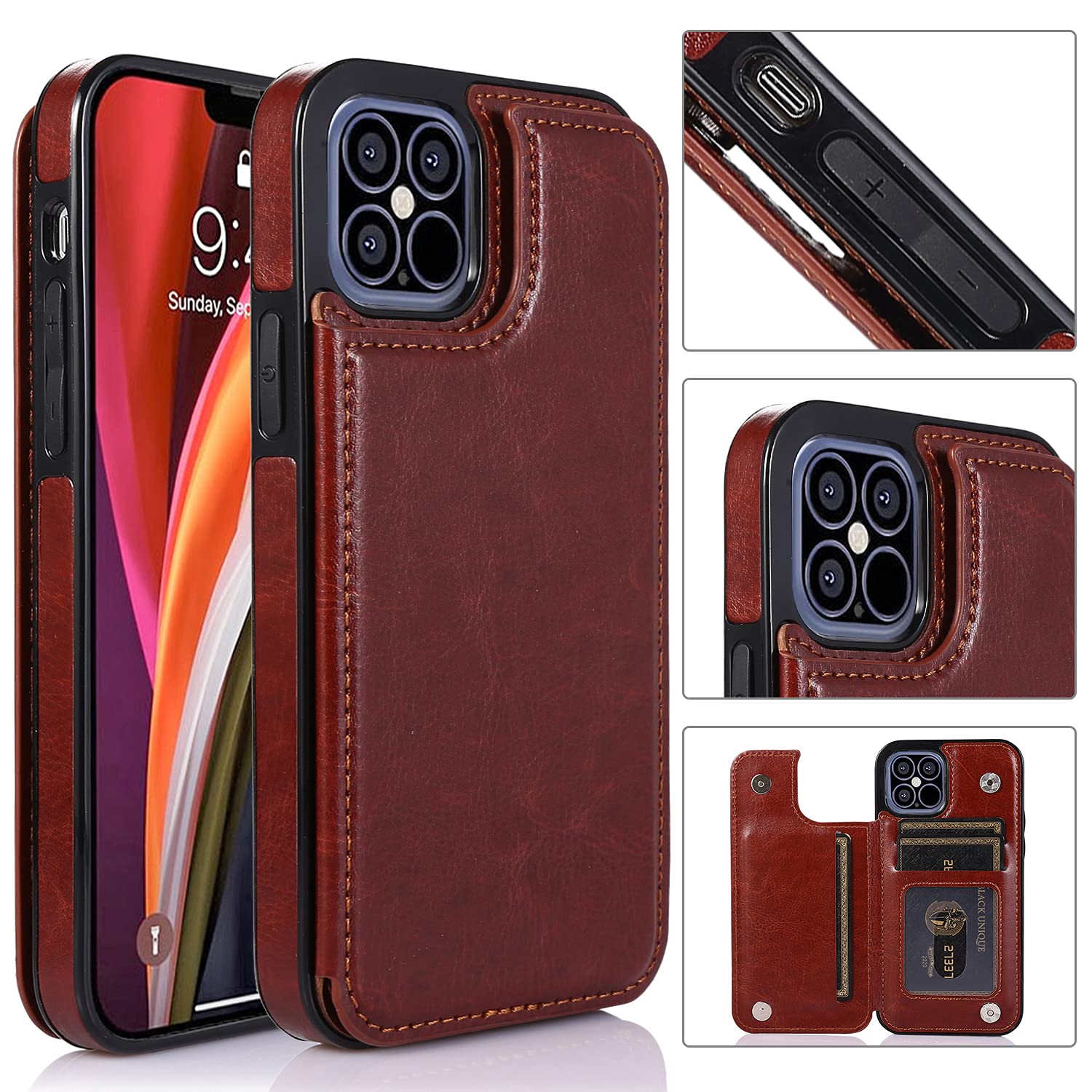 UEEBAI Case for iPhone 13 6.1 inch, Luxury PU Leather Case with [Two Magnetic Clasp] [Card Slots] Stand Function Durable Shockproof Soft TPU Case Back Wallet Cover - Brown — image 1