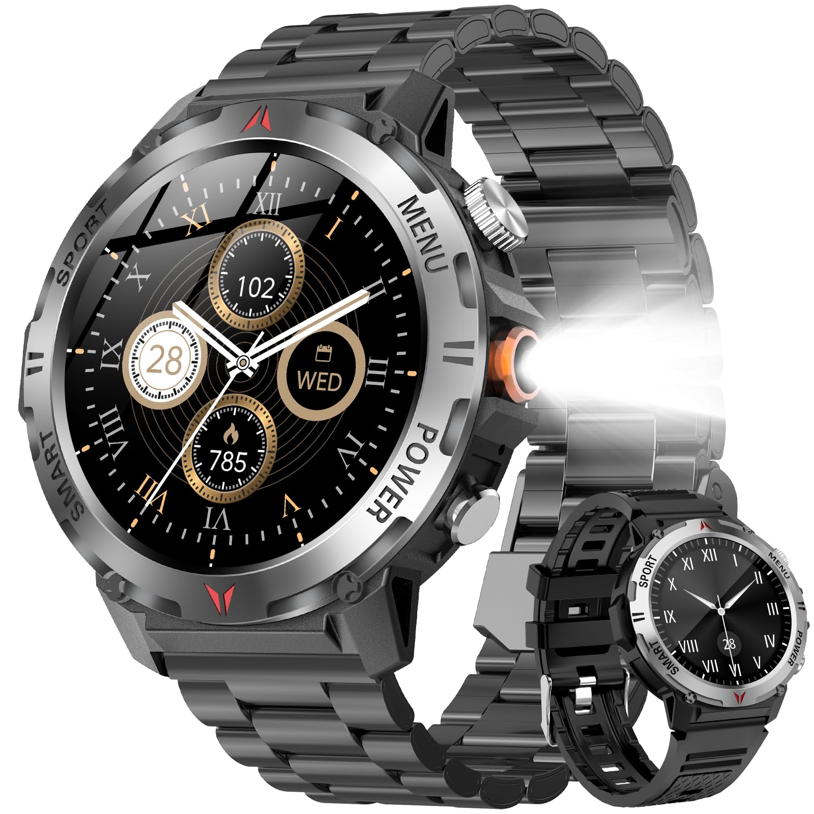 fusho Smart Watch, 2025 Improved Mode, 2 Belts, Bluetooth Calls, Line/Message Notifications, 100+ Motion Modes, App Connection, Dustproof, Waterproof, Flashlight Included, Sports Watch, Long Lasting Battery