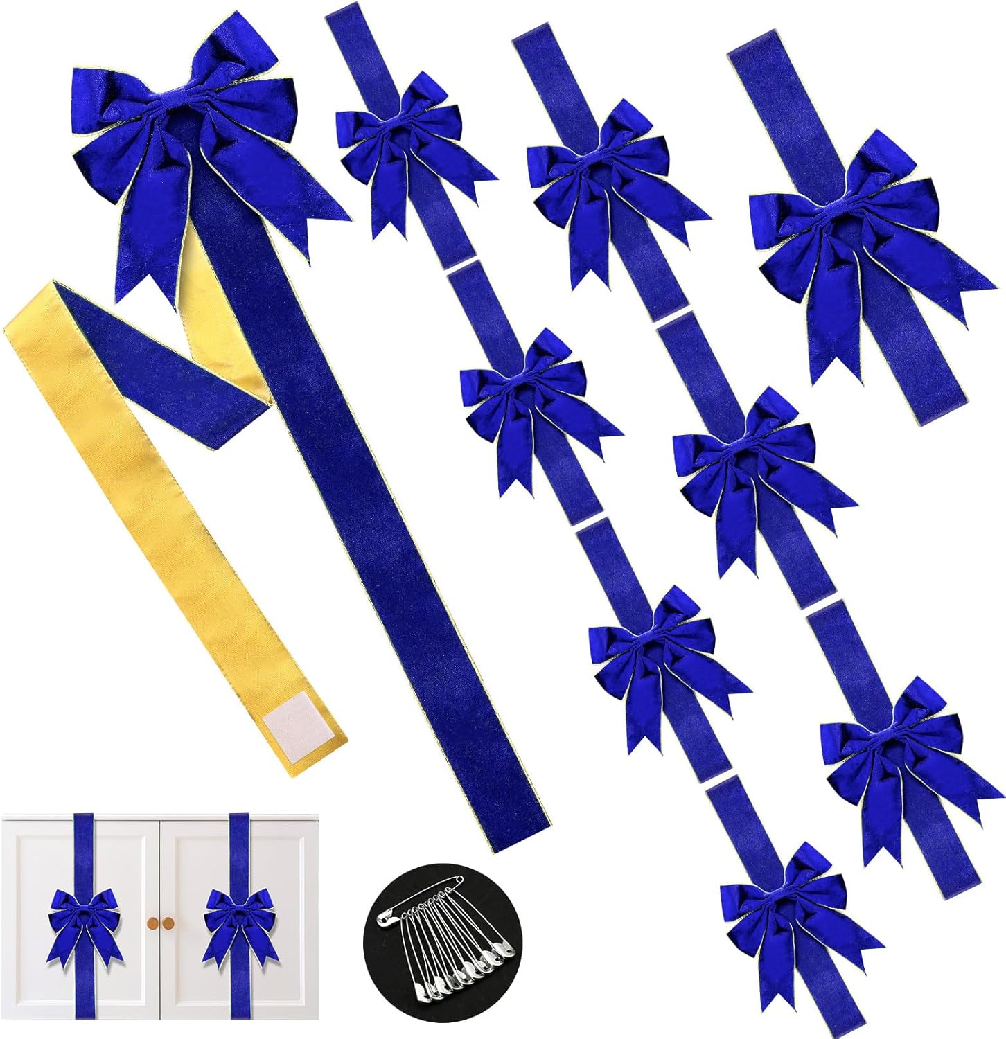 Bows & Ribbons - Hotop Set of 8 Christmas Cabinet Ribbon Bows with Pin Christmas Hanging Decoration Christmas Cabinet Door Bows for Kitchen Cabinets Christmas Festive Party Supplies(Blue, Velvet)