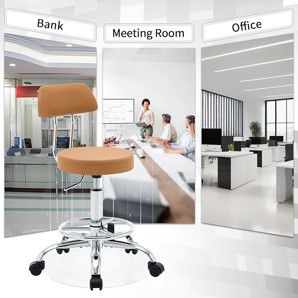 FIRAVOE ERGONOMIC DESK STOOL(STURDY ROLLING STOOL WITH BACK)(SWIVEL ARMLESS OFFICE CHAIR 19.5″-26.6″) ADJUSTABLE FOOTREST SALON CHAIR (CAMEL BROWN)
