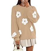 MEROKEETY Women's 2025 Fall Floral Sweater Cute Long Lantern Sleeve Crewneck Knit Pullover Tops