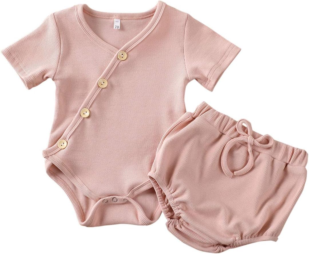 Infant Baby Girl Boy Outfits Knit Solid Color Short/Long Sleeve Romper Bodysuit Bloomers Shorts Ribbed Clothes Set