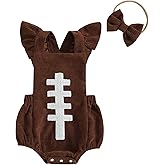 DSOKUHIB Infant Baby Girl Football Outfit Embroidery Ruffle Sleeve Romper Corduroy Bodysuit Jumpsuit Heaband Game Day Clothes
