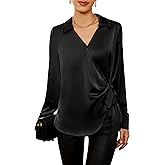 GRACE KARIN Women's Satin Silk Blouses Wrap V Neck Shirts Long Sleeve Elegant Tie Waist Office Formal Work Tunic PulloverTops