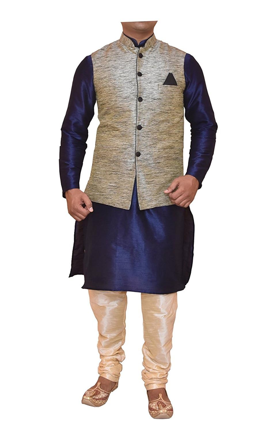 modern garments navy blue kurta golden churidar pyjama with waistcoat